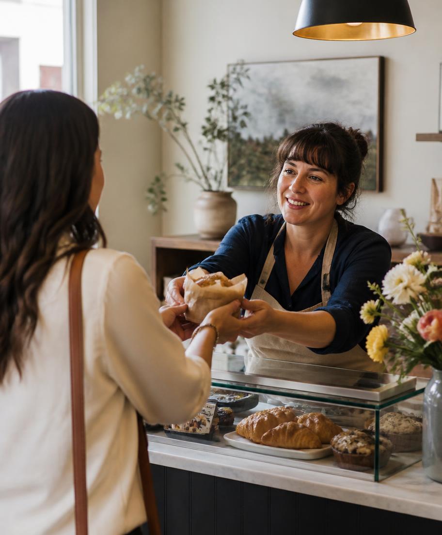 Local bakery owner serving a customer