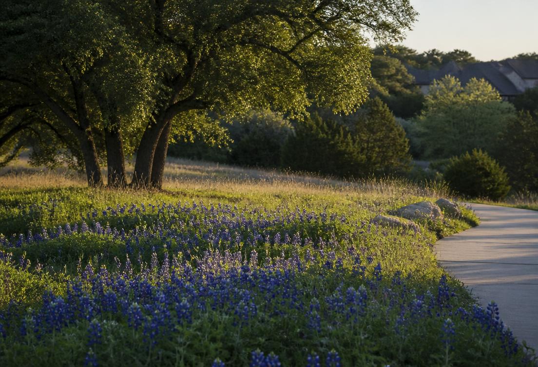 Bluebonnets along a quiet North Texas neighborhood trail