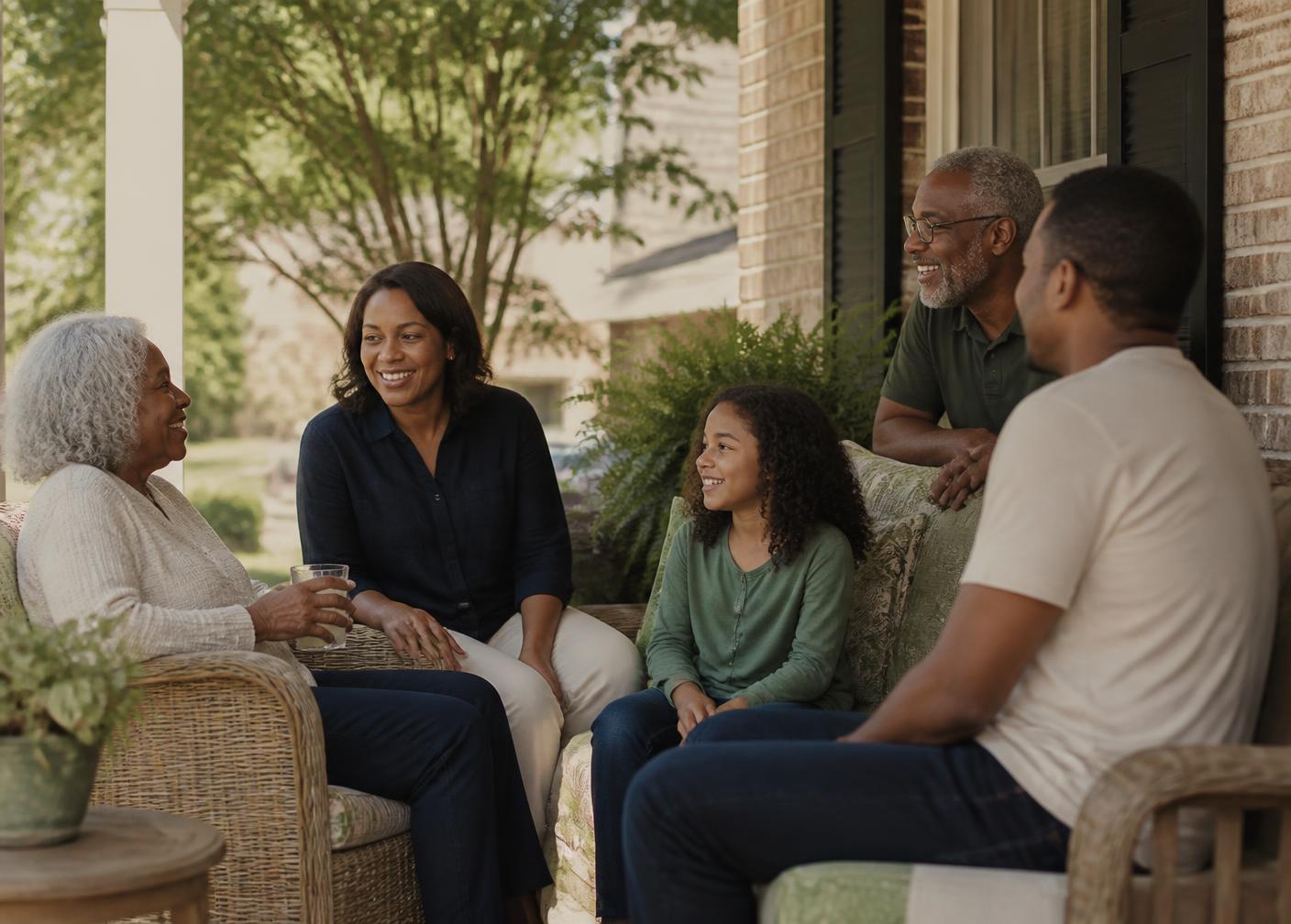 North Texas neighbors sharing conversation on a front porch